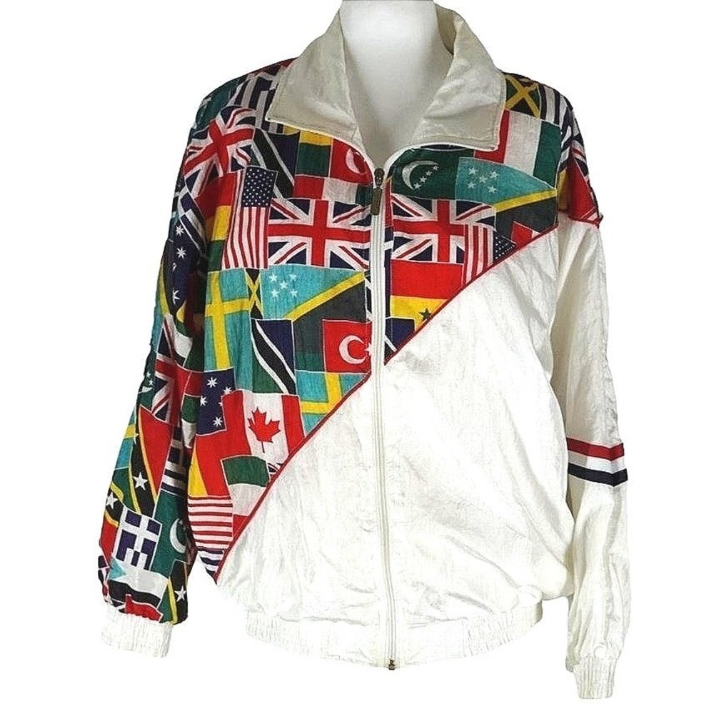 Janeve Windbreaker Jacket Womens Medium White Flags Full‎ Zip Vintage